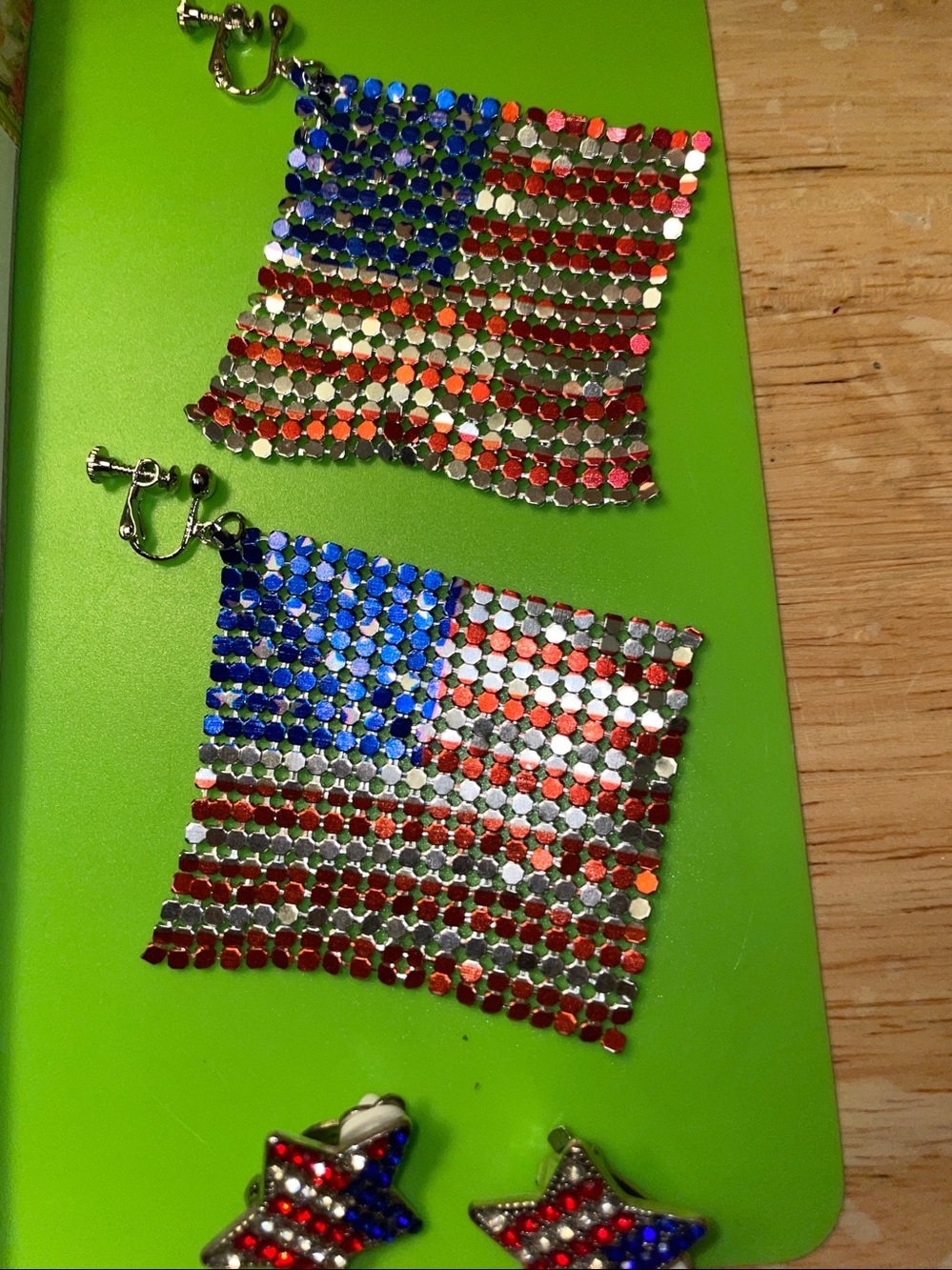Patriotic Red White Blue Rhinestone Flag Dangle Earrings with Star Clips